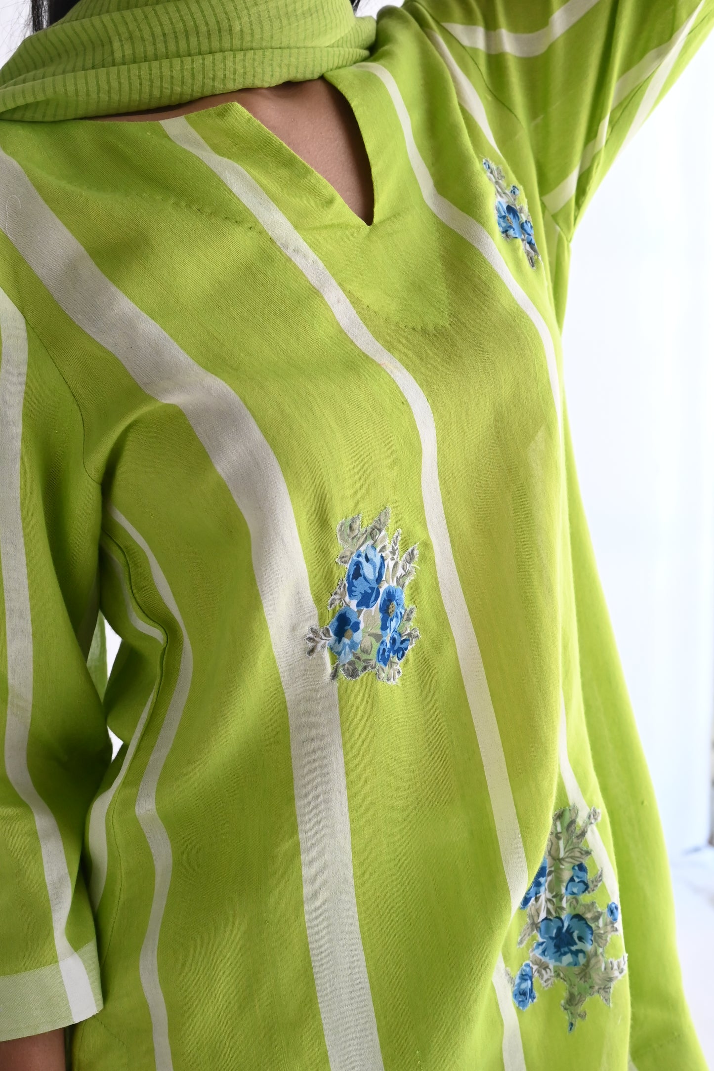 Saifi Kurta in Lime Green Silk Stripes with Salwar