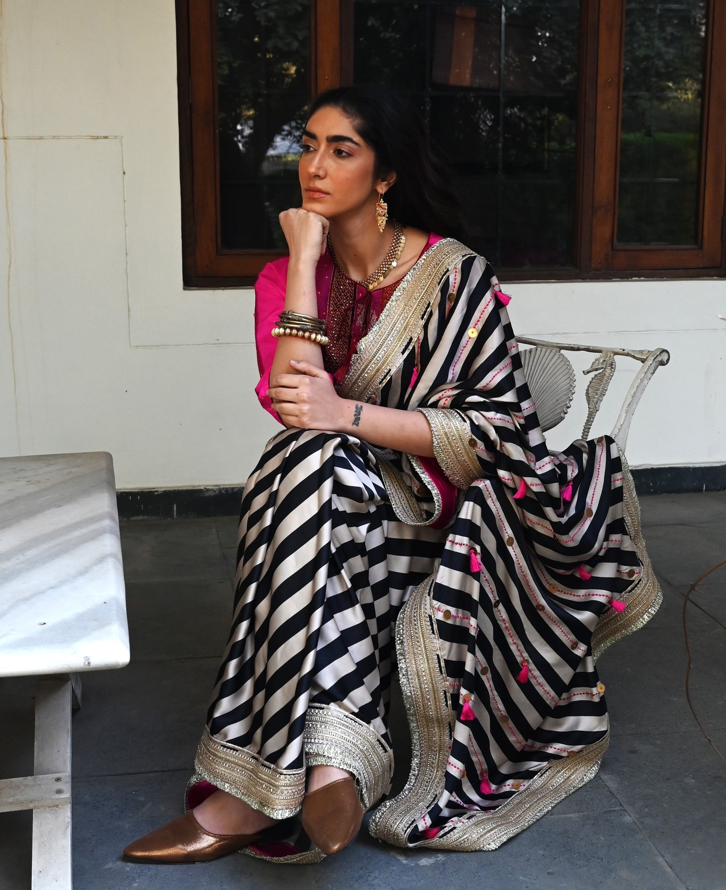 Mumtaz Saree in Black Stripes Satin Silk