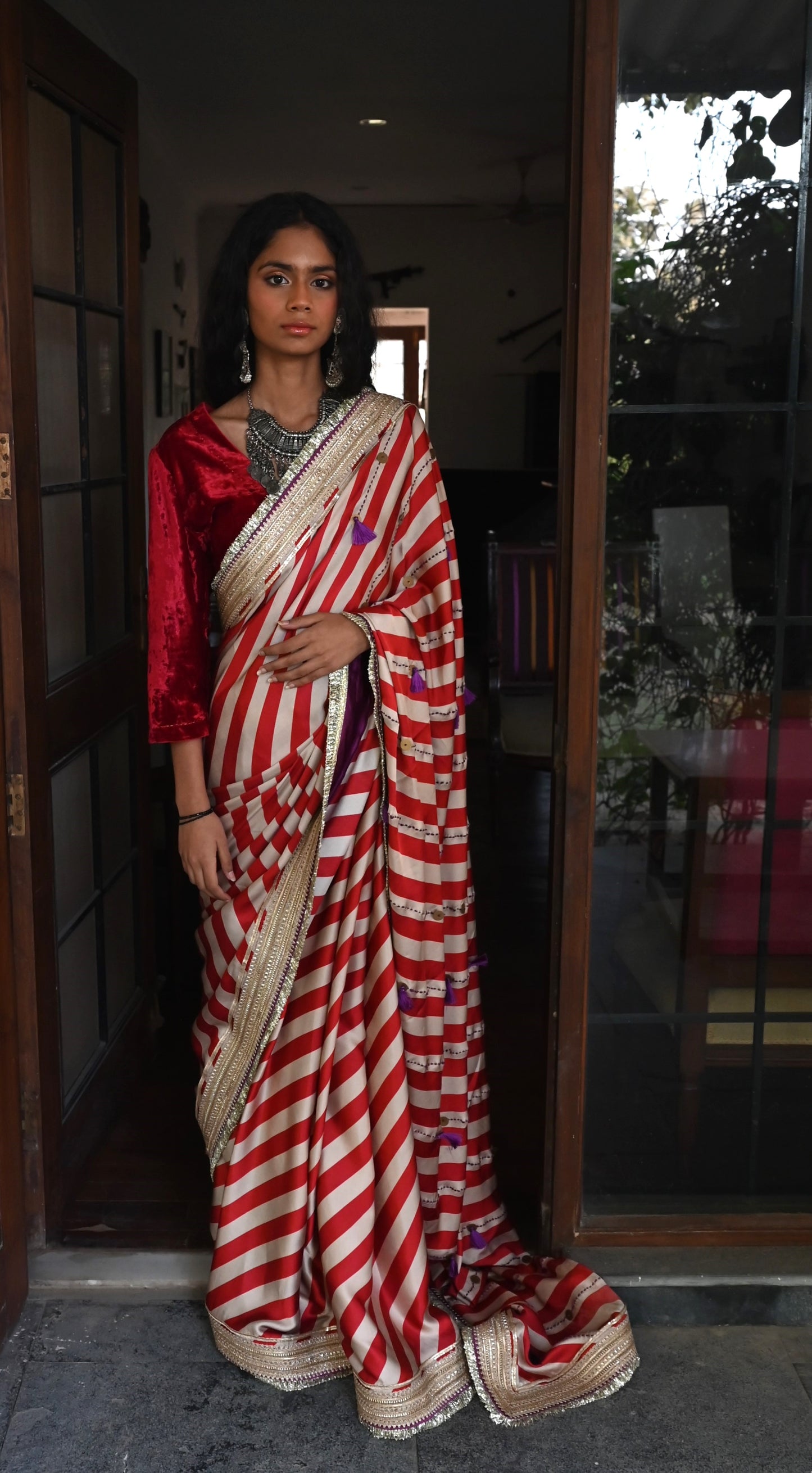 Mumtaz Saree in Red Stripes Satin Silk