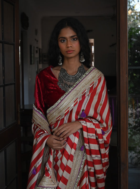 Mumtaz Saree in Red Stripes Satin Silk