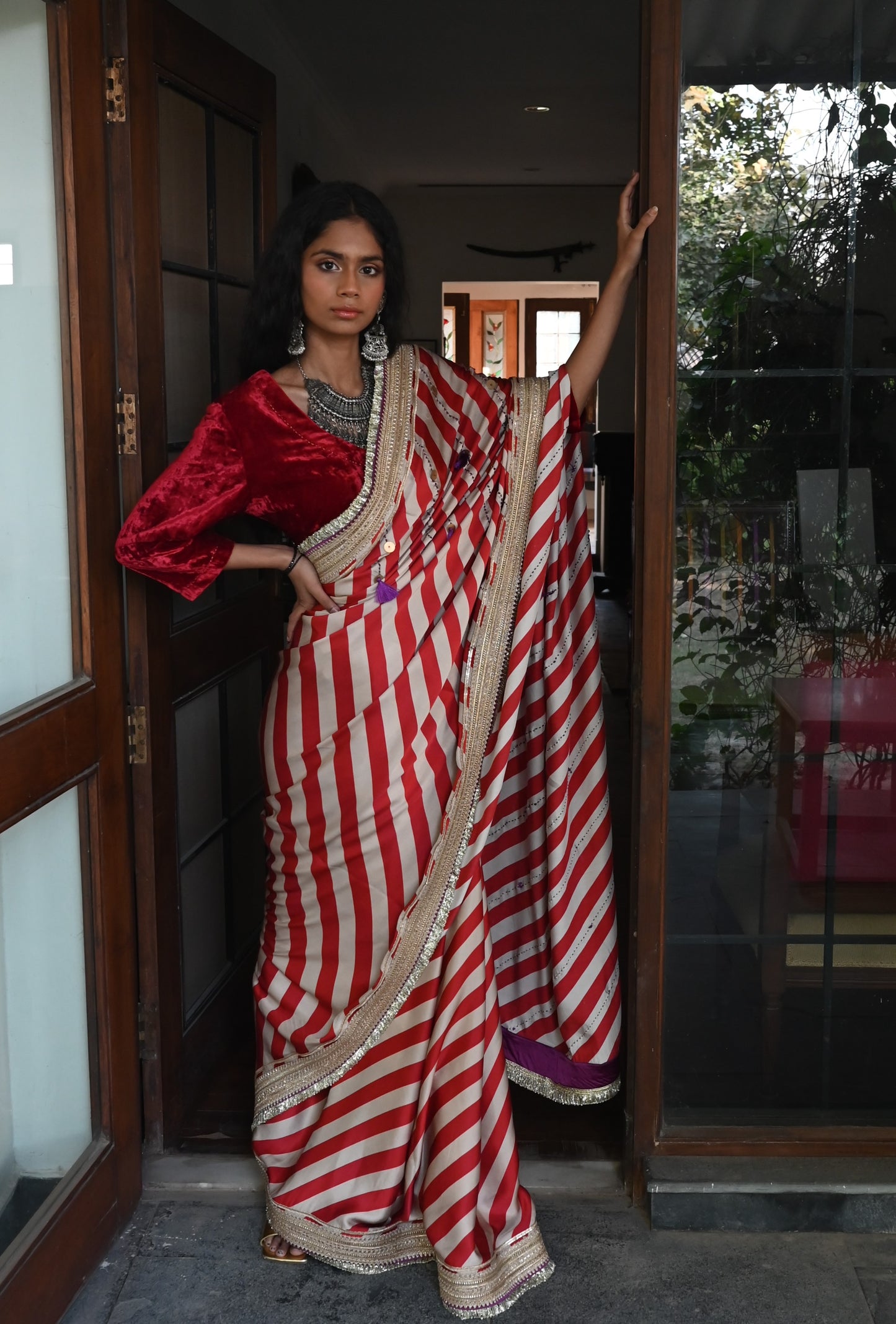 Mumtaz Saree in Red Stripes Satin Silk