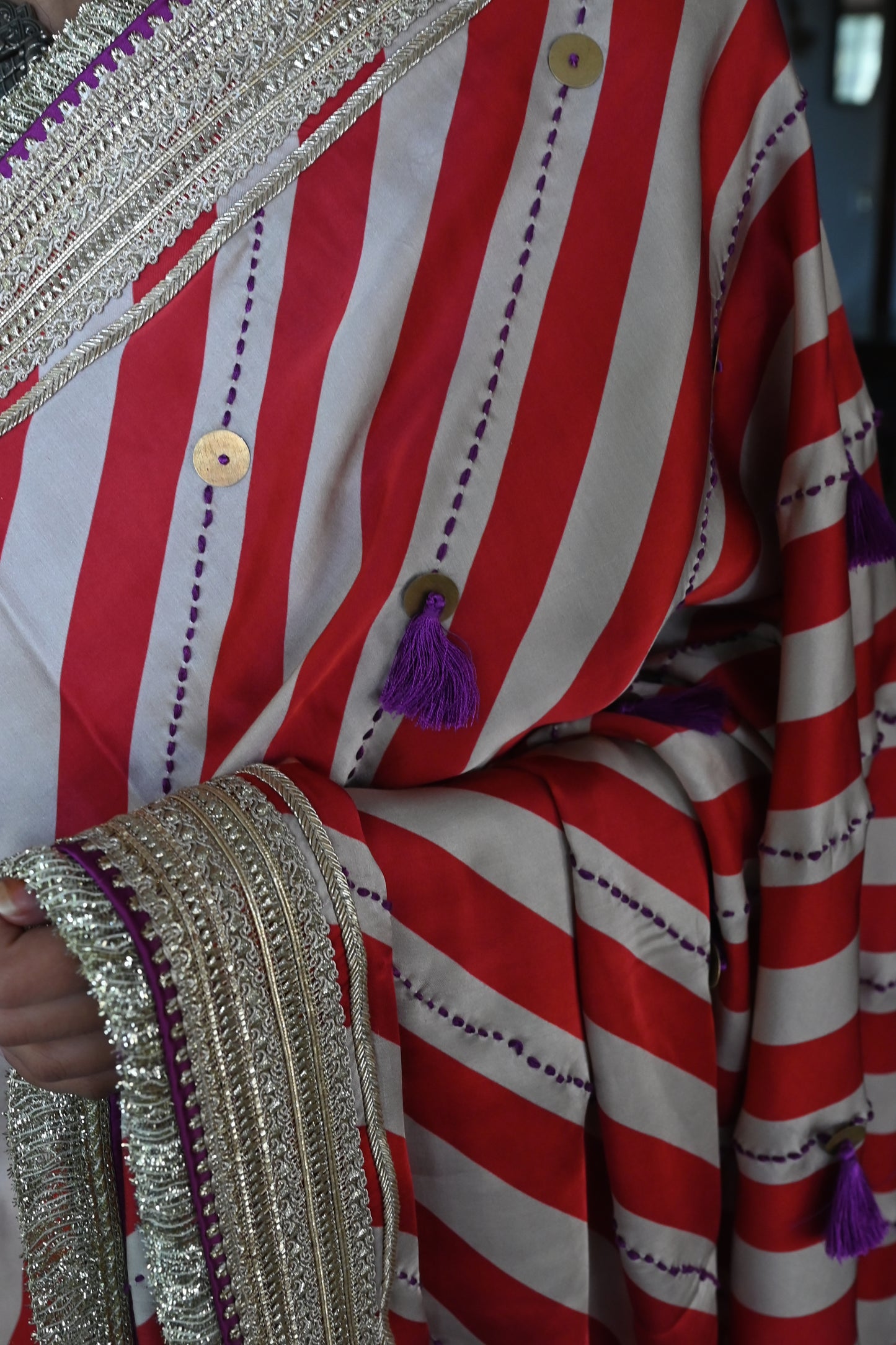 Mumtaz Saree in Red Stripes Satin Silk