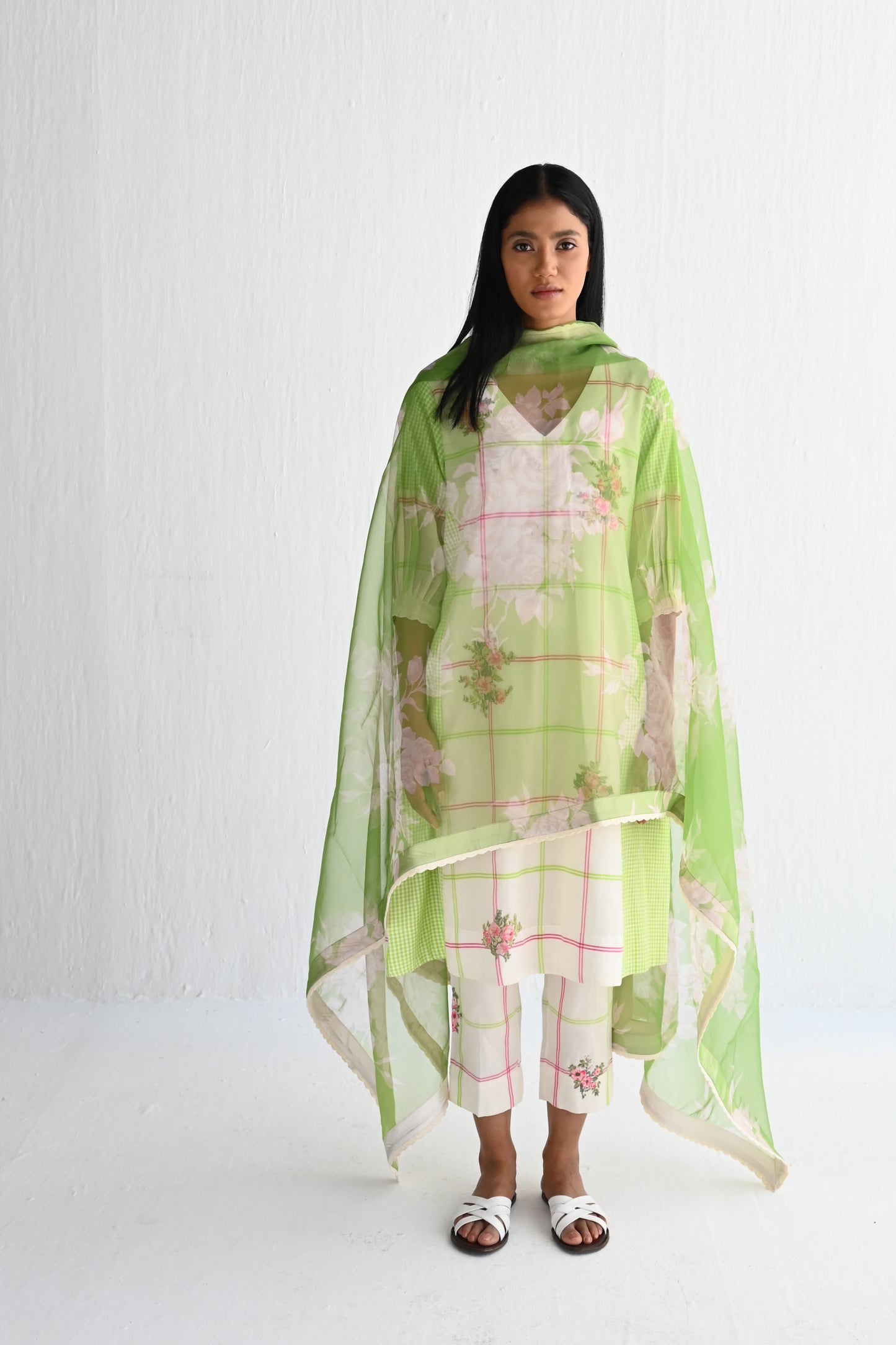 Dupatta in Green Flower Print Organza