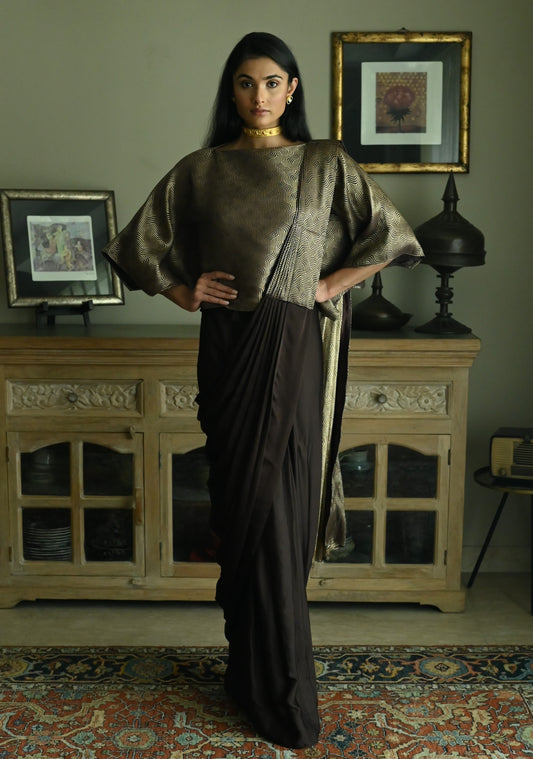 Brown Satin Silk Ready-to-Wear Saree