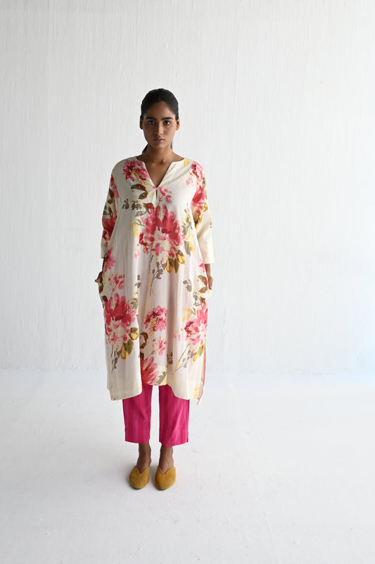 Jhabla Kurta in Pink Flower Print with Stripes Pant