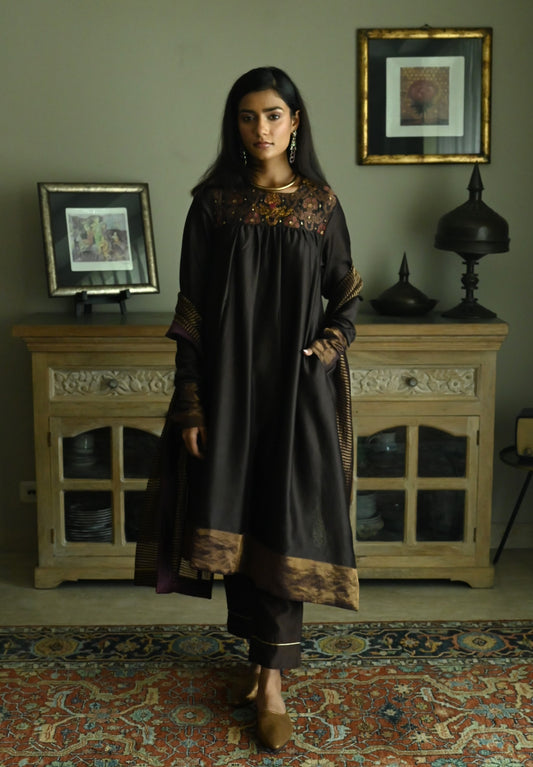 Empireline Kurta in Brown Chanderi with Brown Pant