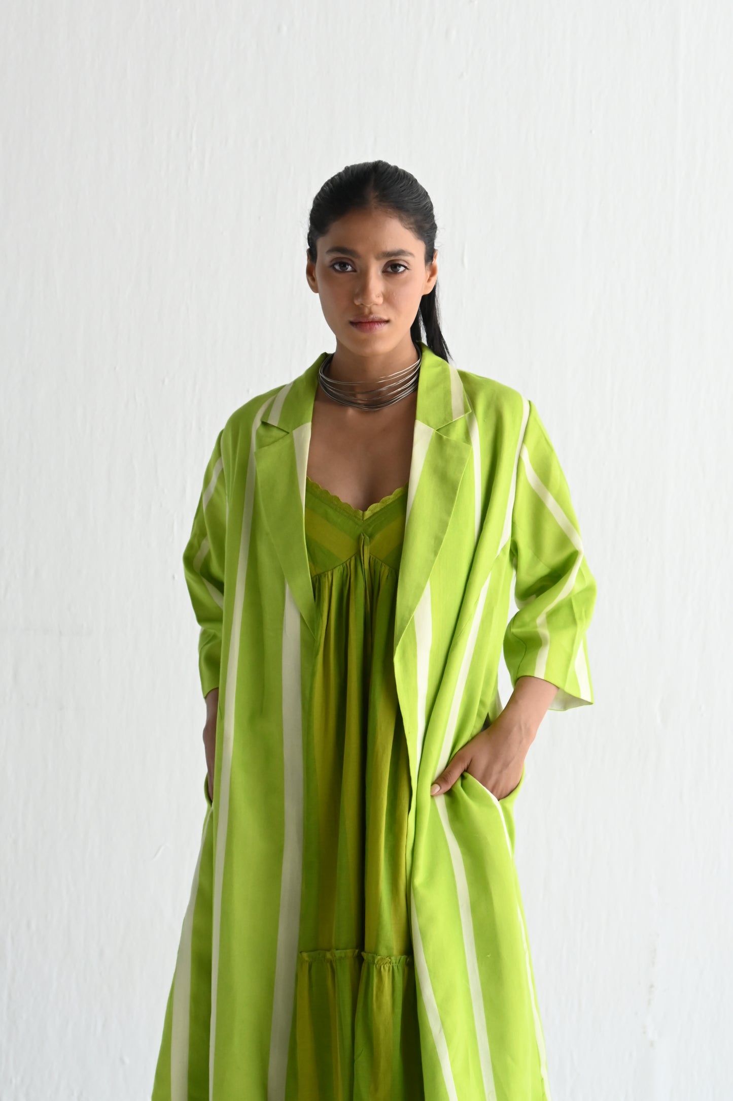 Sally Jacket in Lime Green Silk Stripes