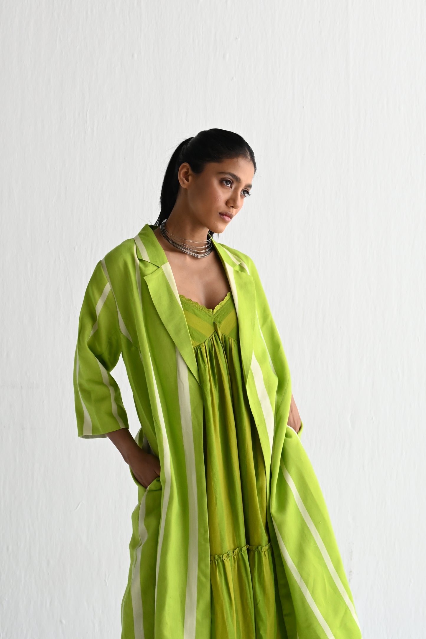 Sally Jacket in Lime Green Silk Stripes