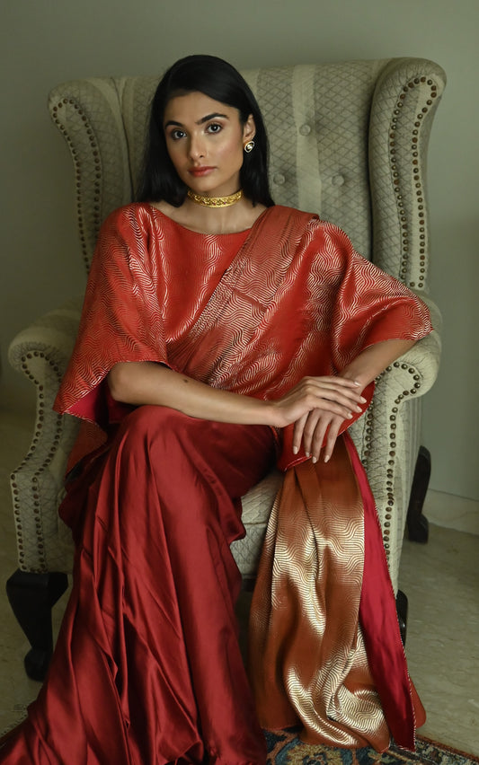 Red Satin Silk Ready-to-Wear Saree