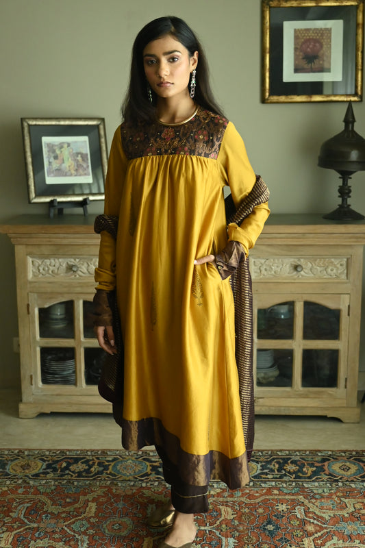 Empireline Kurta in Ochre Chanderi with Brown Pant