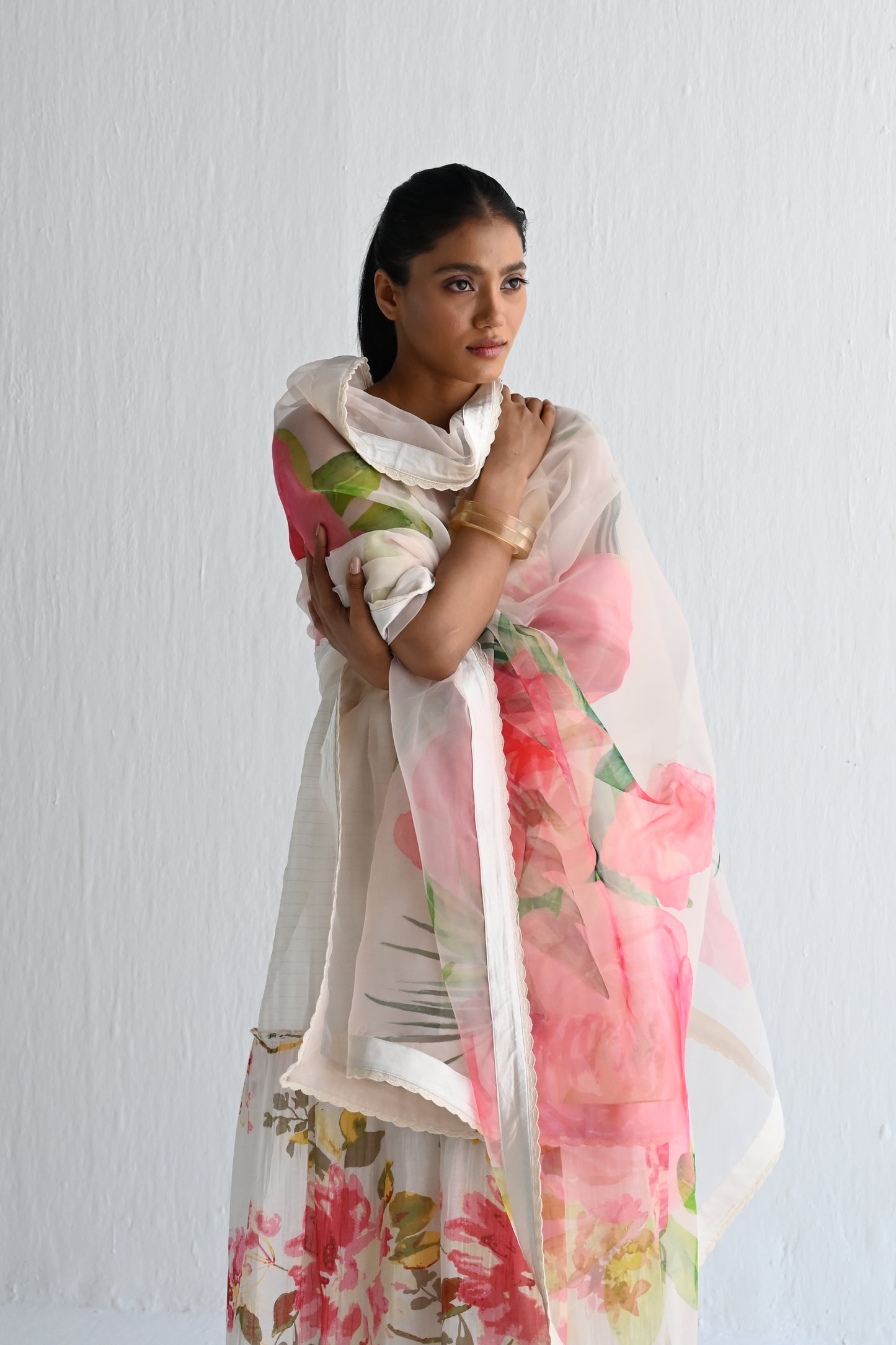 Dupatta in Pink Rose Print Organza