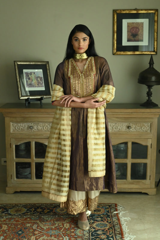 Banjara Kurta in Plum Tissue with Chai Beige Farshi