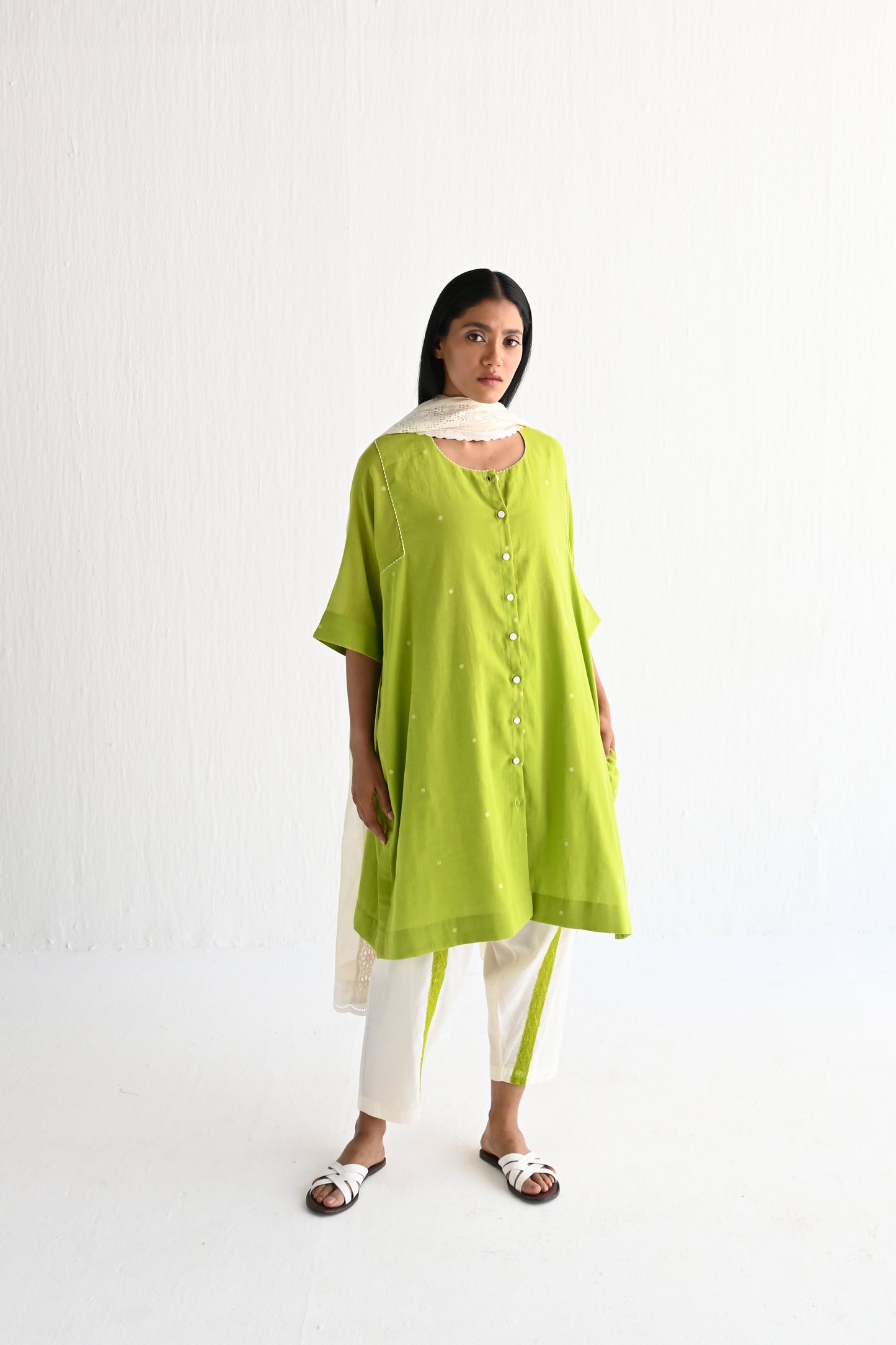 Choga Shirt in Lime Green Jamdani with Salwar