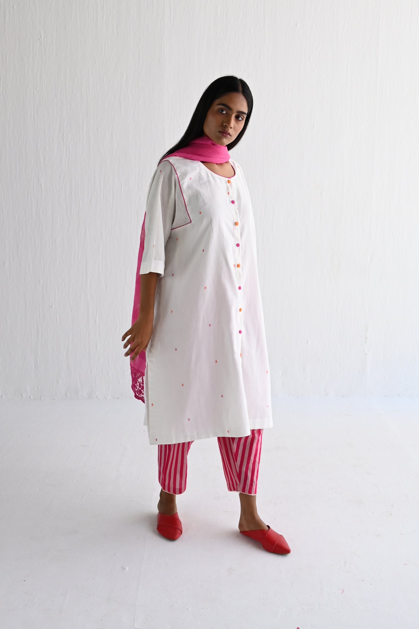 Choga Shirt in Ivory & Multicolor Dot Jamdani with Stripes Salwar