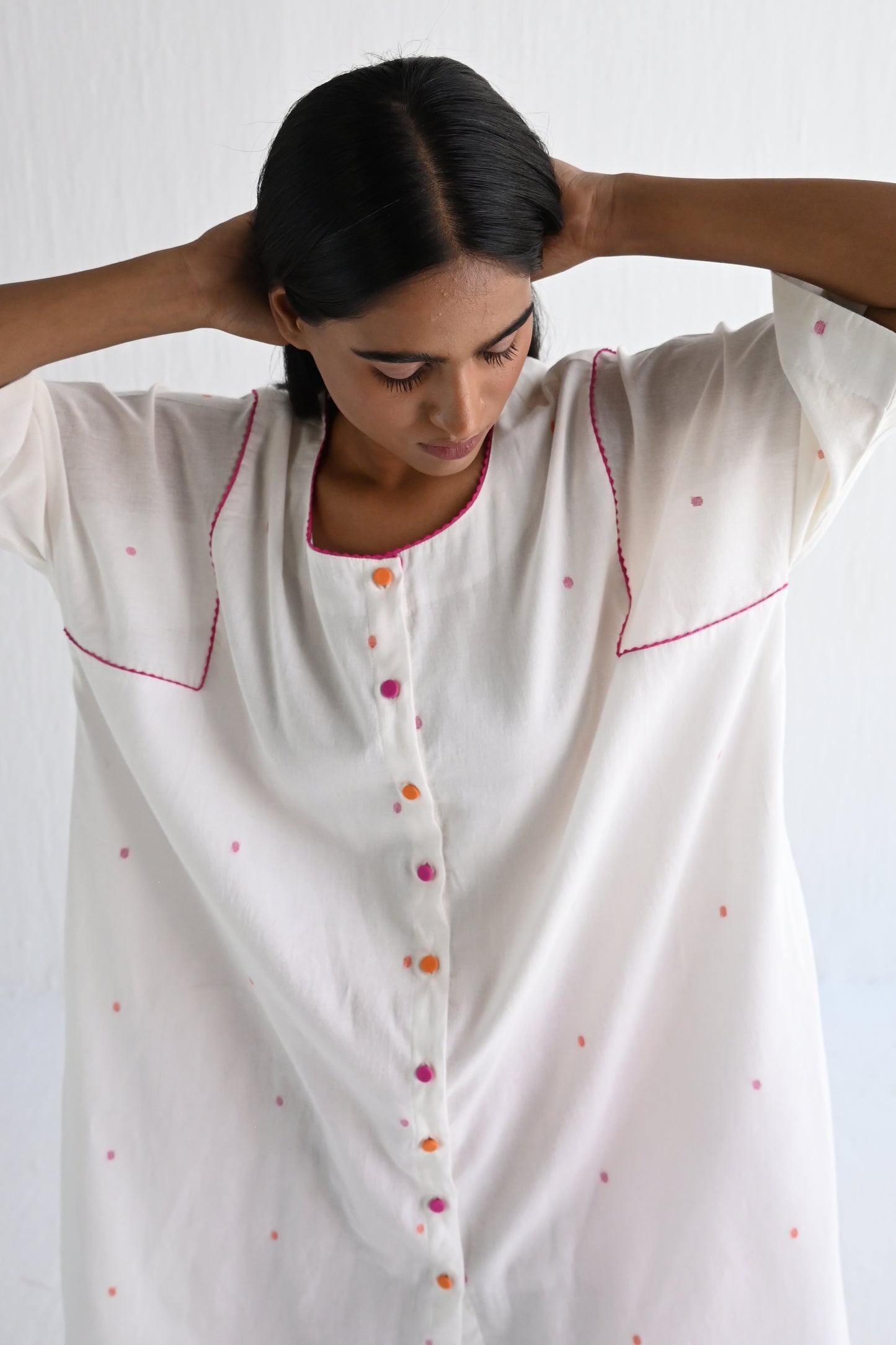 Choga Shirt in Ivory & Multicolor Dot Jamdani with Stripes Salwar