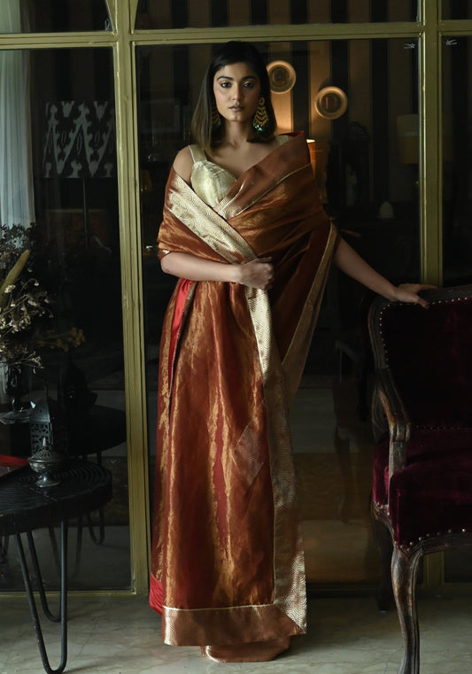 Rust Red Tissue Saree with Brocade Border