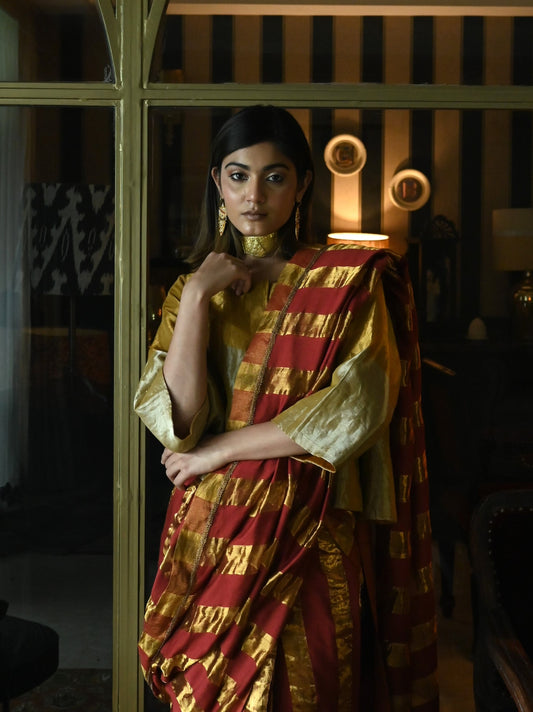 Kumkum Zari Patti Saree in Red Stripes