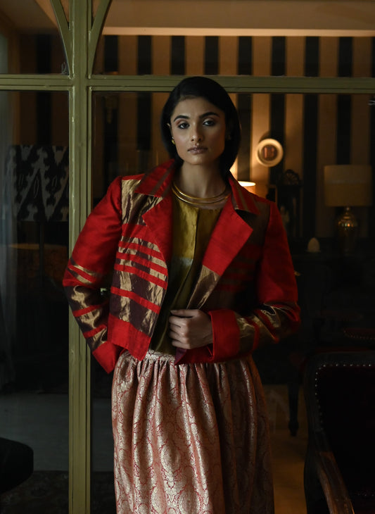 Bomber Jacket in Red Zari Silk