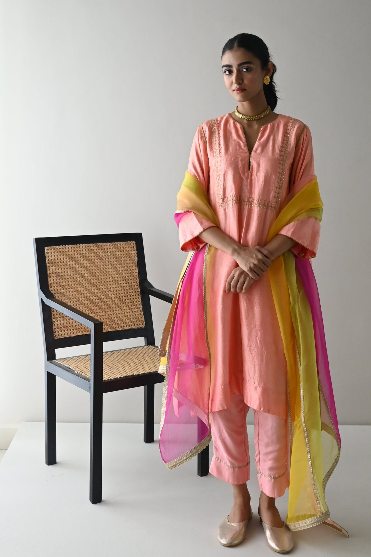 Jhabla Kurta in Rose Pink Pure Silk with Rose Pink Pant