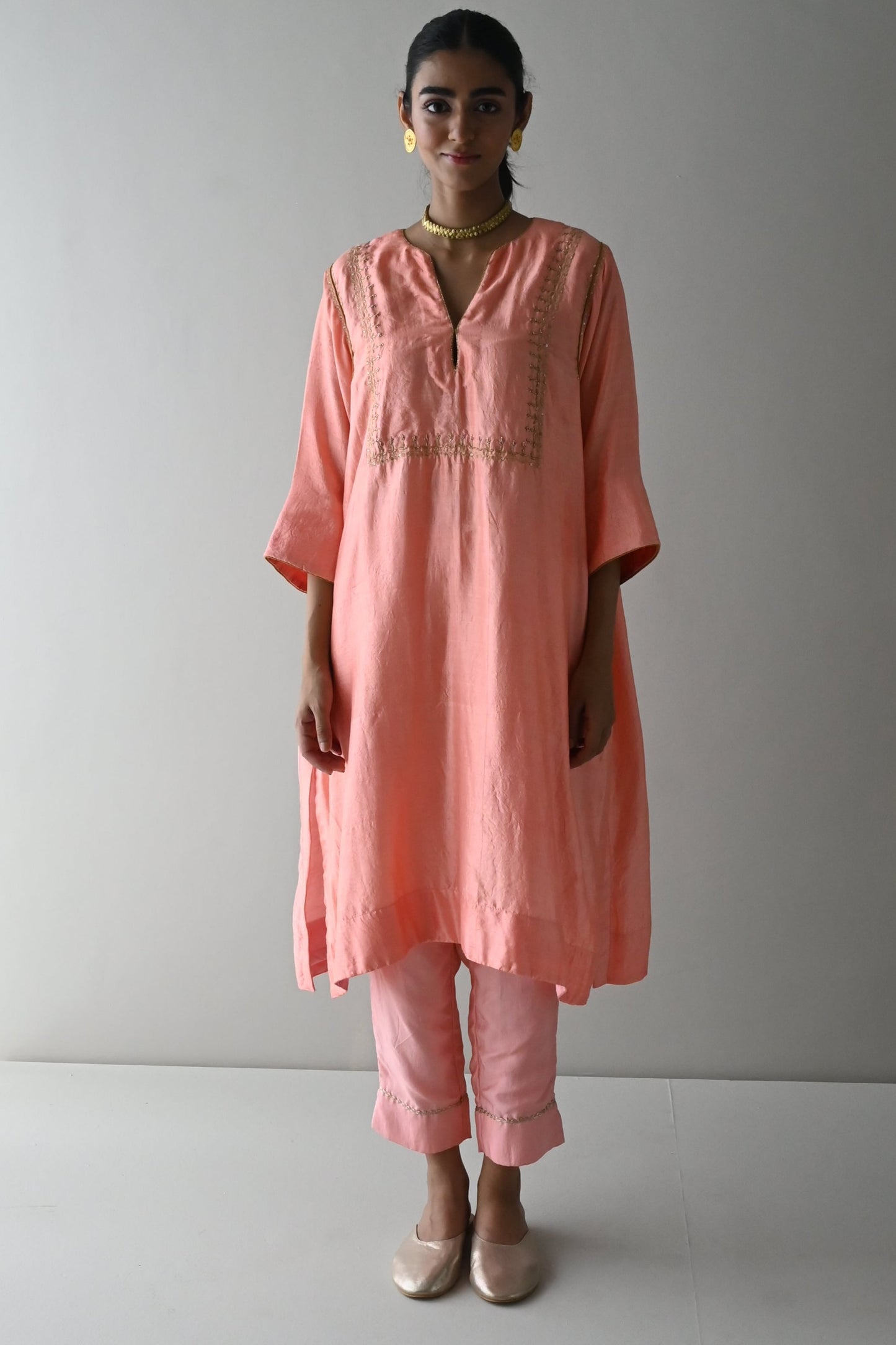 Jhabla Kurta in Rose Pink Pure Silk with Rose Pink Pant