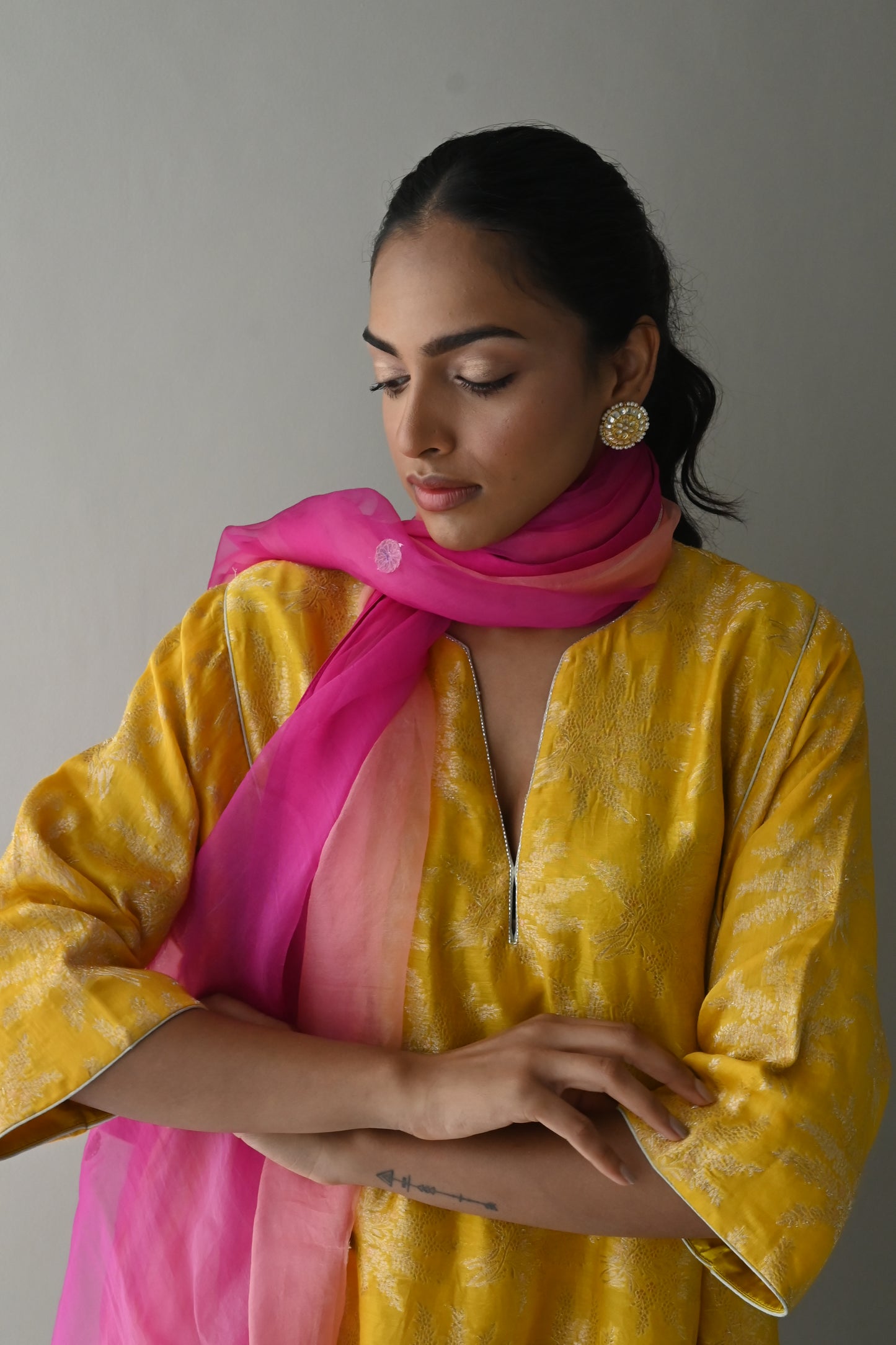 Jhabla Kurta in Yellow Brocade with Hot Pink Pant