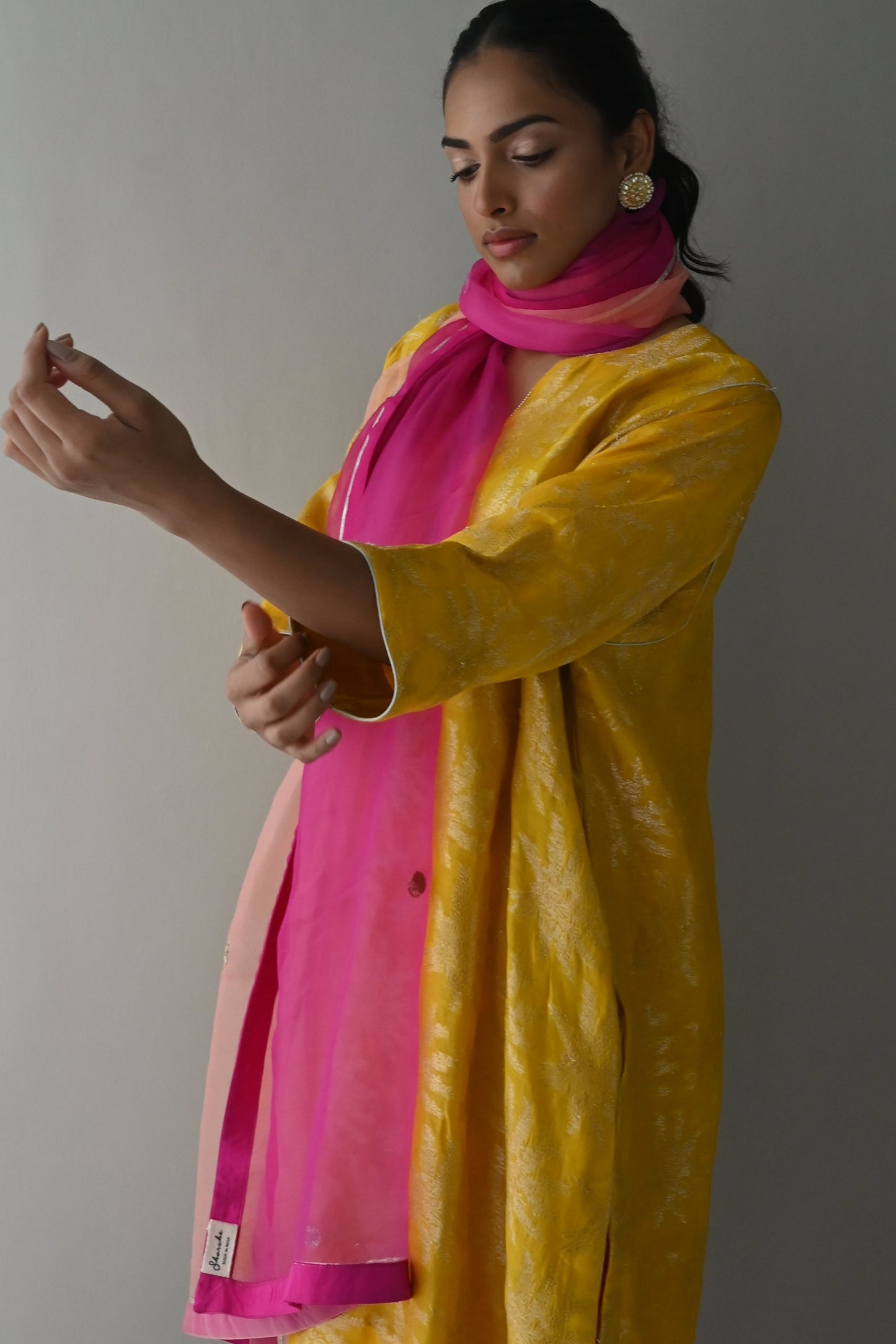 Jhabla Kurta in Yellow Brocade with Hot Pink Pant