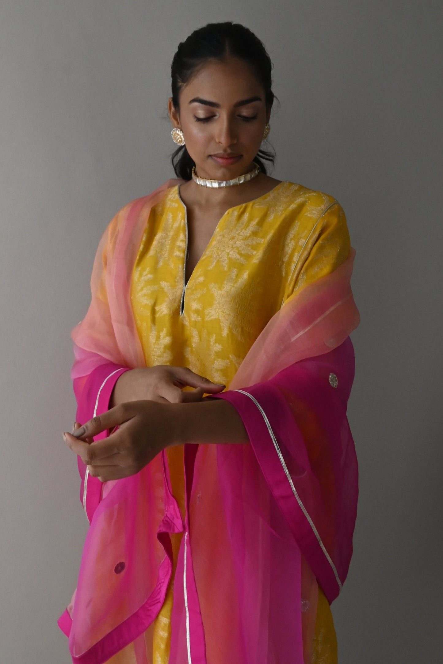 Jhabla Kurta in Yellow Brocade with Hot Pink Pant