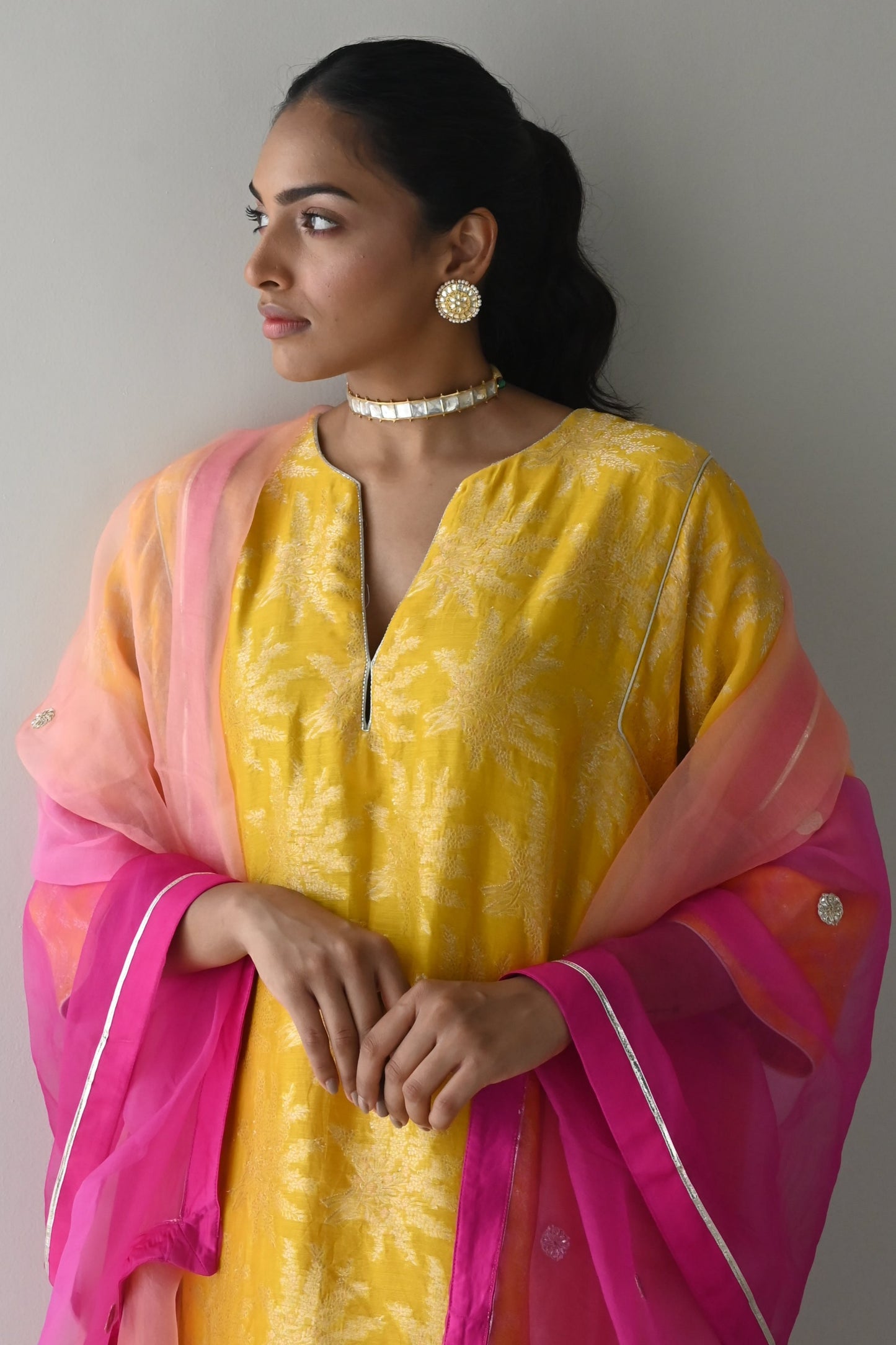 Jhabla Kurta in Yellow Brocade with Hot Pink Pant