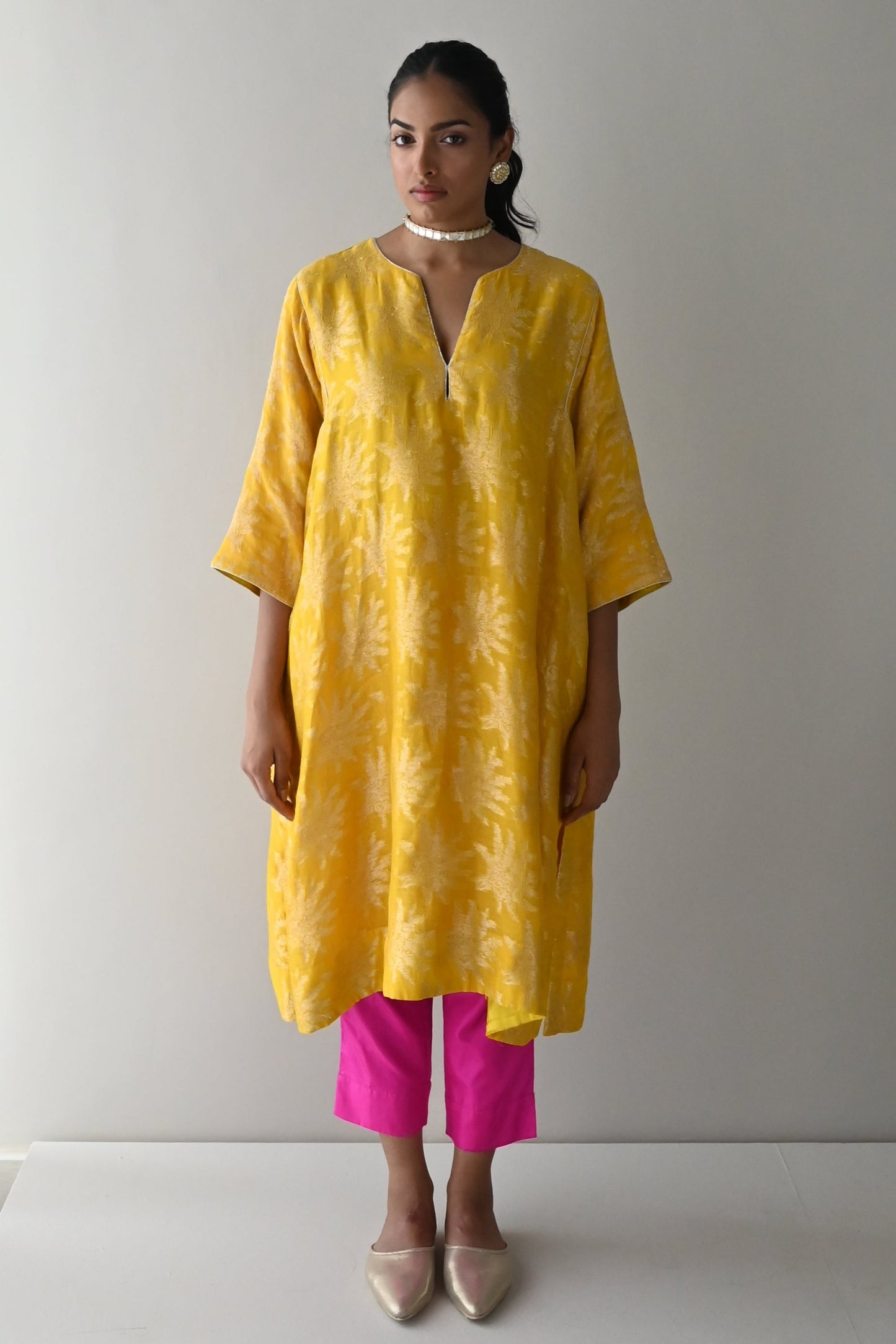 Jhabla Kurta in Yellow Brocade with Hot Pink Pant