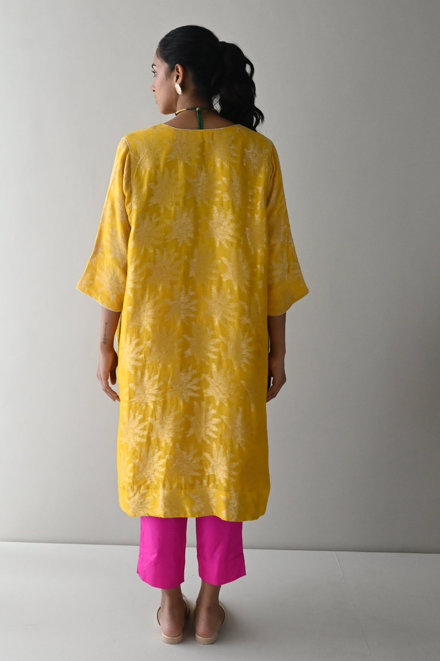 Jhabla Kurta in Yellow Brocade with Hot Pink Pant