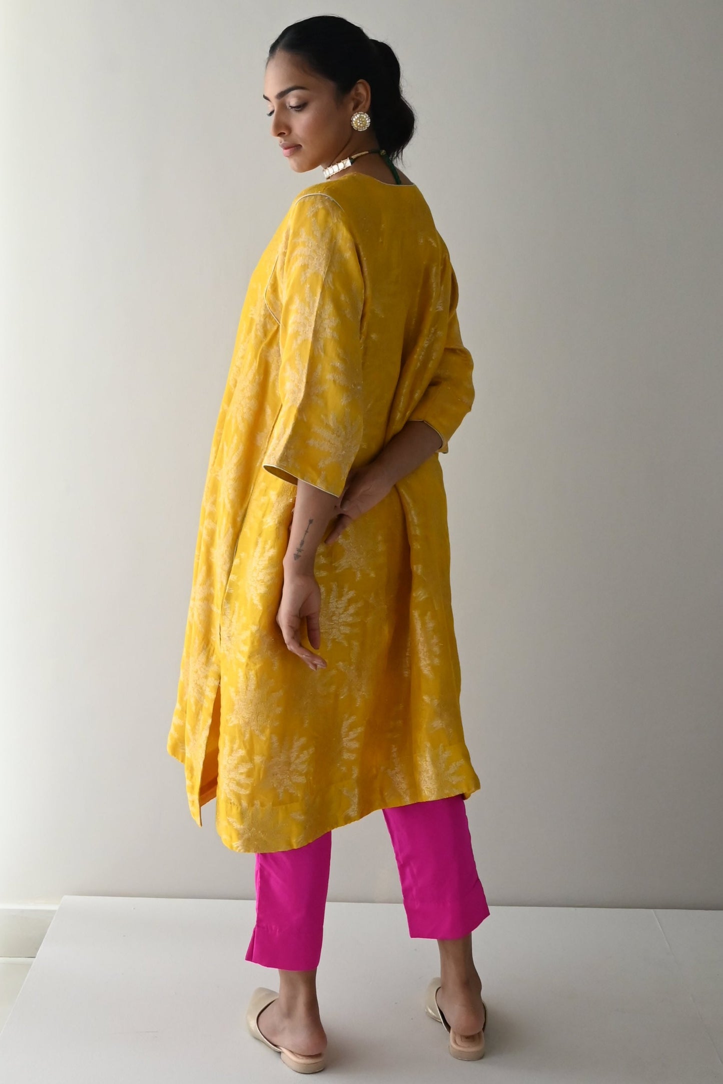 Jhabla Kurta in Yellow Brocade with Hot Pink Pant