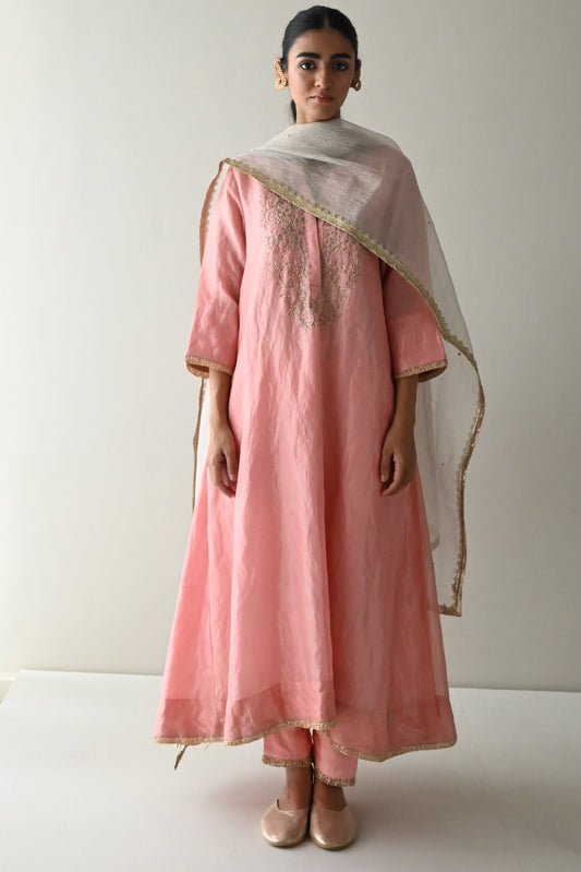 Boho Kurta in Rose Pink Handloom Tissue with Rose Pink Pant