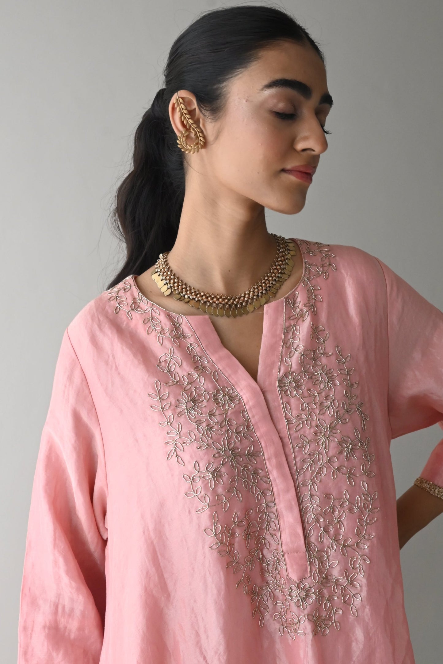 Boho Kurta in Rose Pink Handloom Tissue with Rose Pink Pant