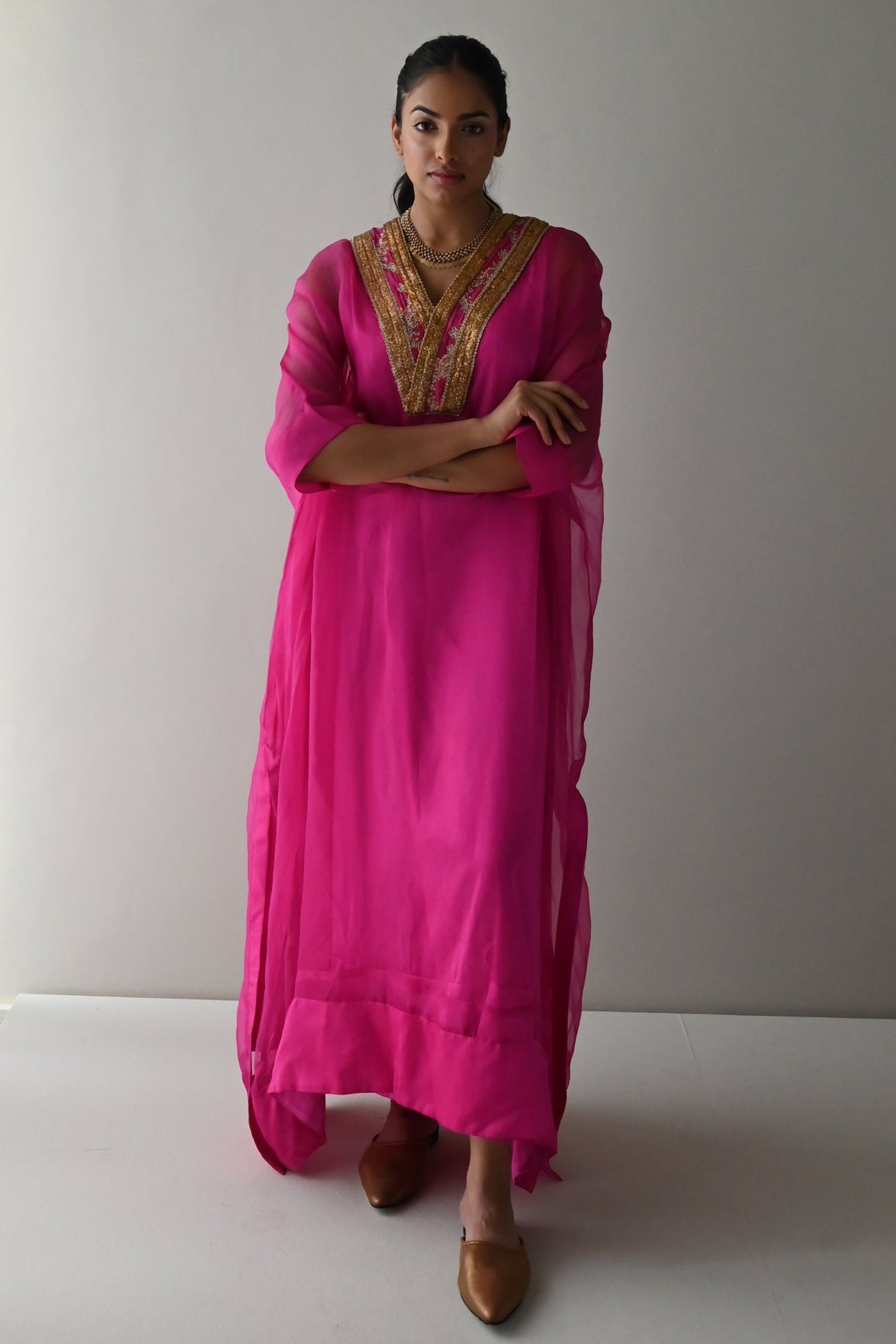 Waahida Kaftan in Hot Pink Organza with Satin Slip