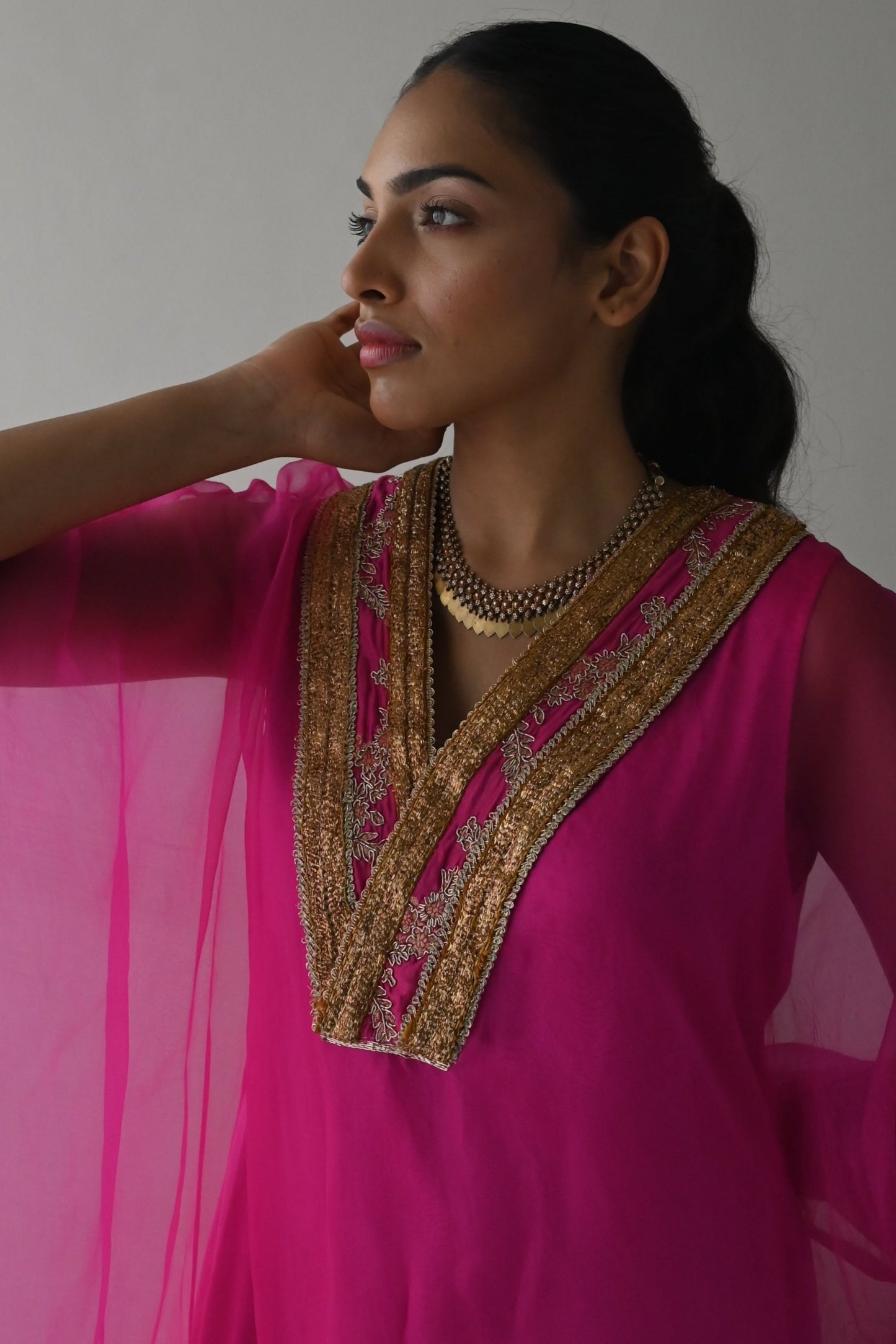 Waahida Kaftan in Hot Pink Organza with Satin Slip