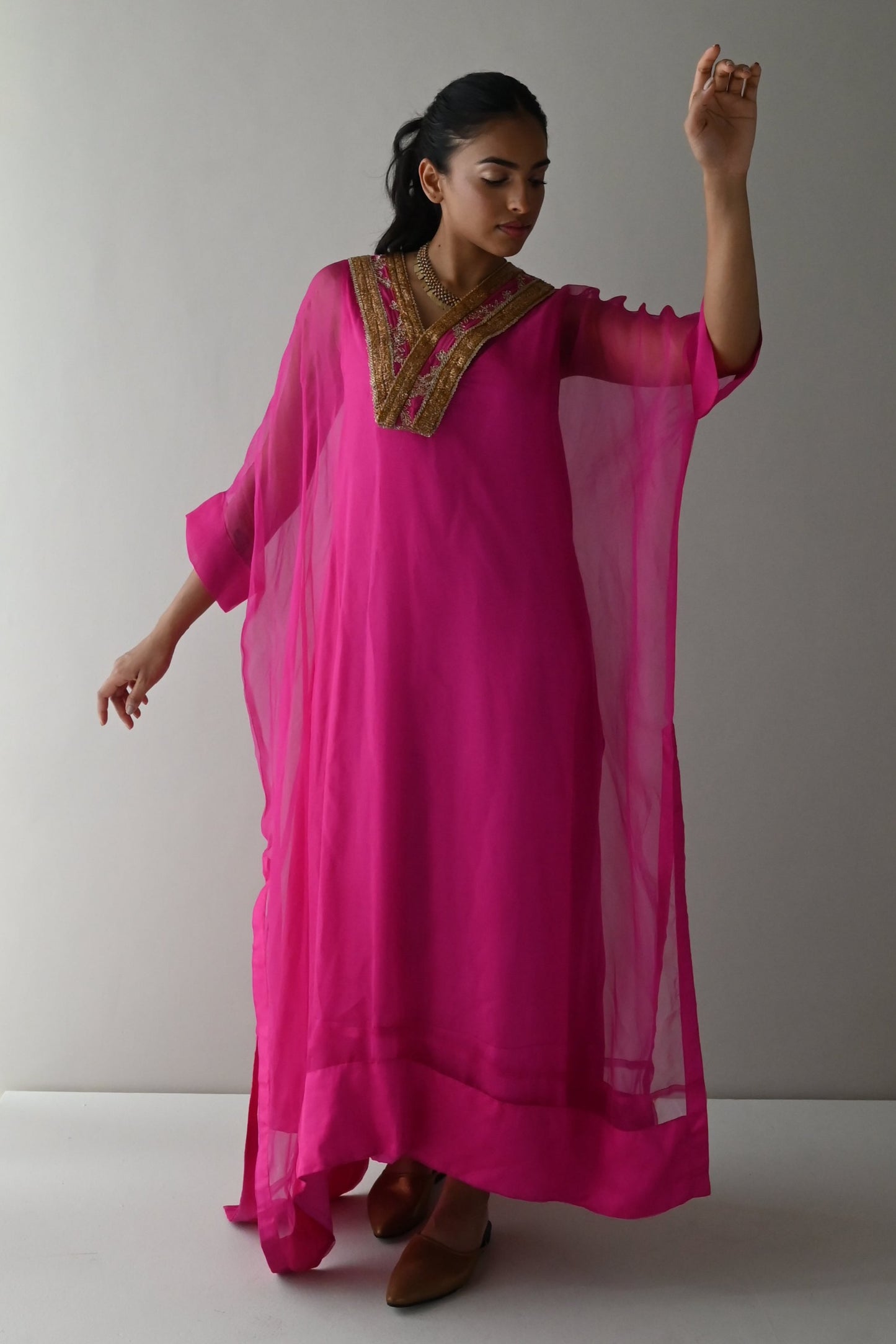 Waahida Kaftan in Hot Pink Organza with Satin Slip