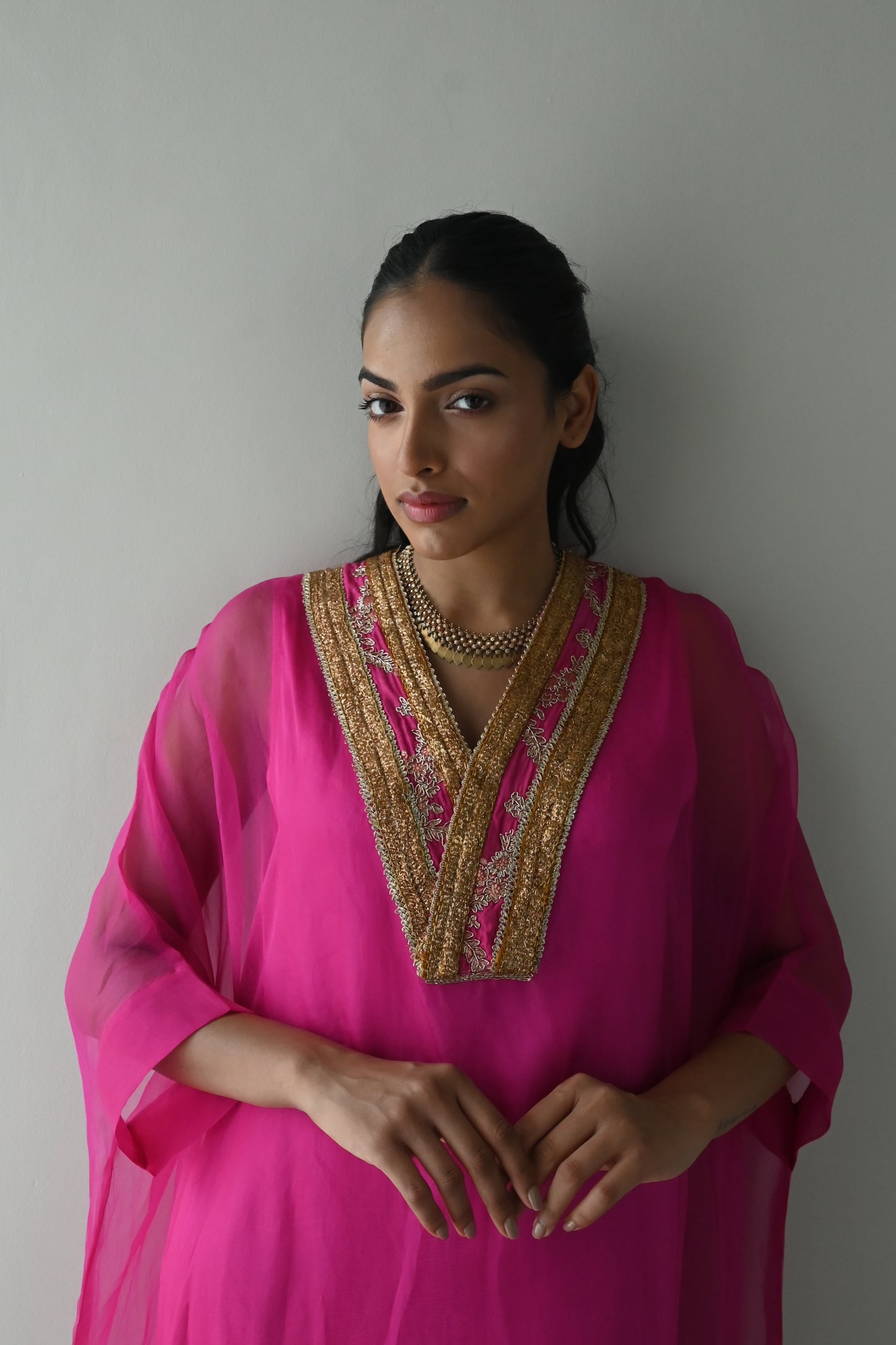 Waahida Kaftan in Hot Pink Organza with Satin Slip