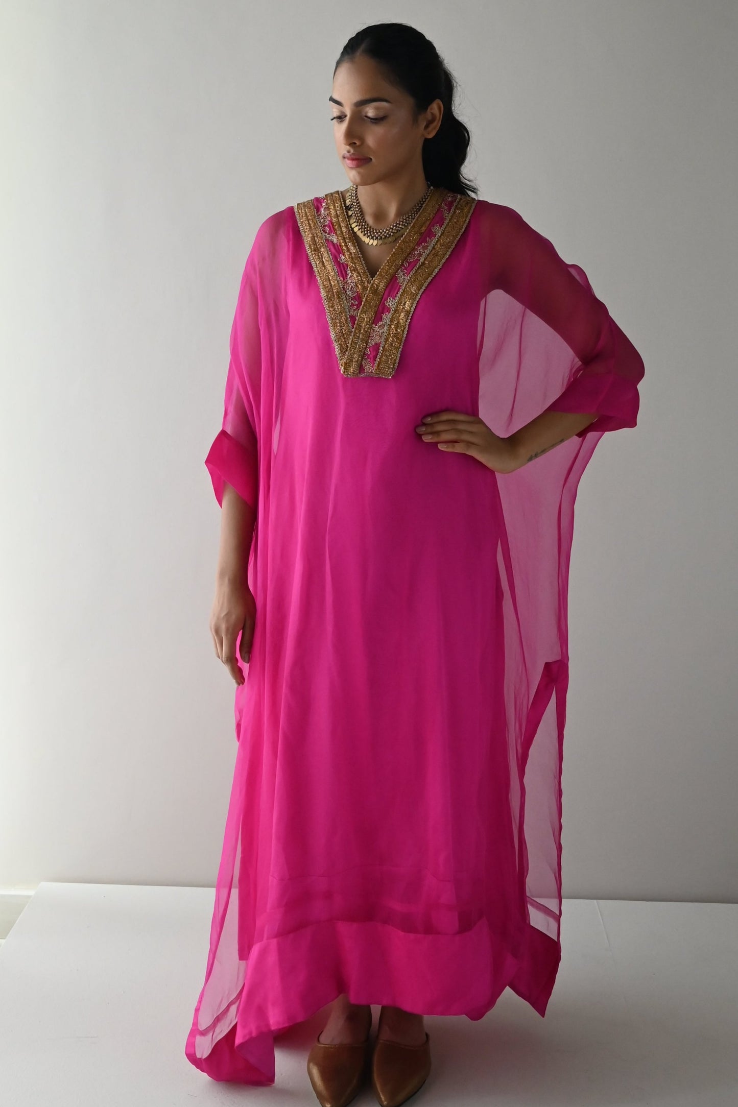 Waahida Kaftan in Hot Pink Organza with Satin Slip