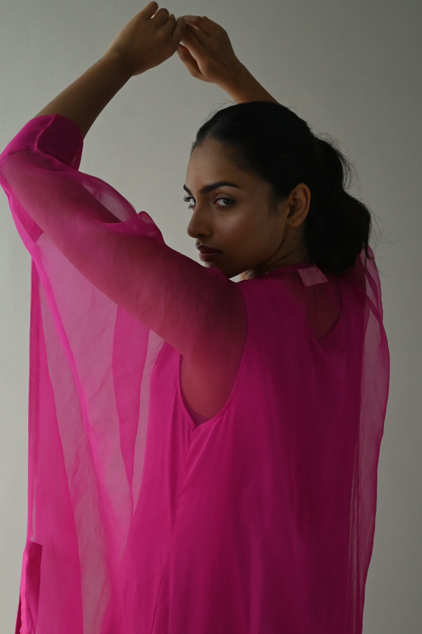 Waahida Kaftan in Hot Pink Organza with Satin Slip