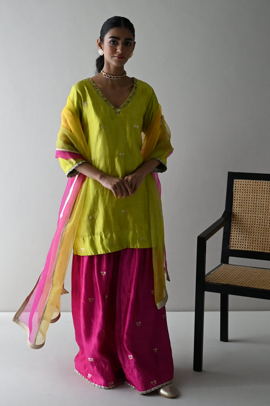 Anu Kurta in Neon Green Brocade with Hot Pink Sharara