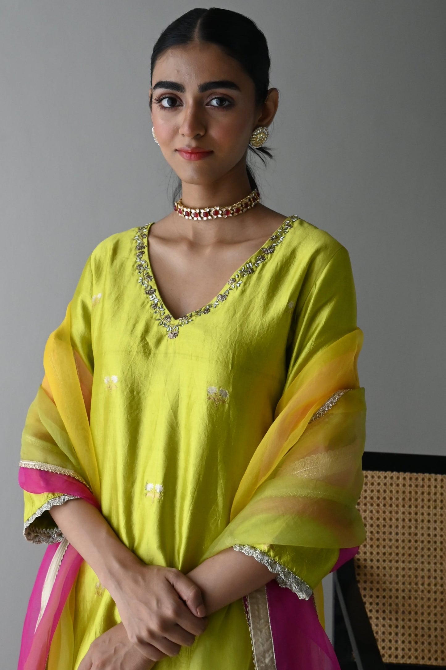 Anu Kurta in Neon Green Brocade with Hot Pink Sharara