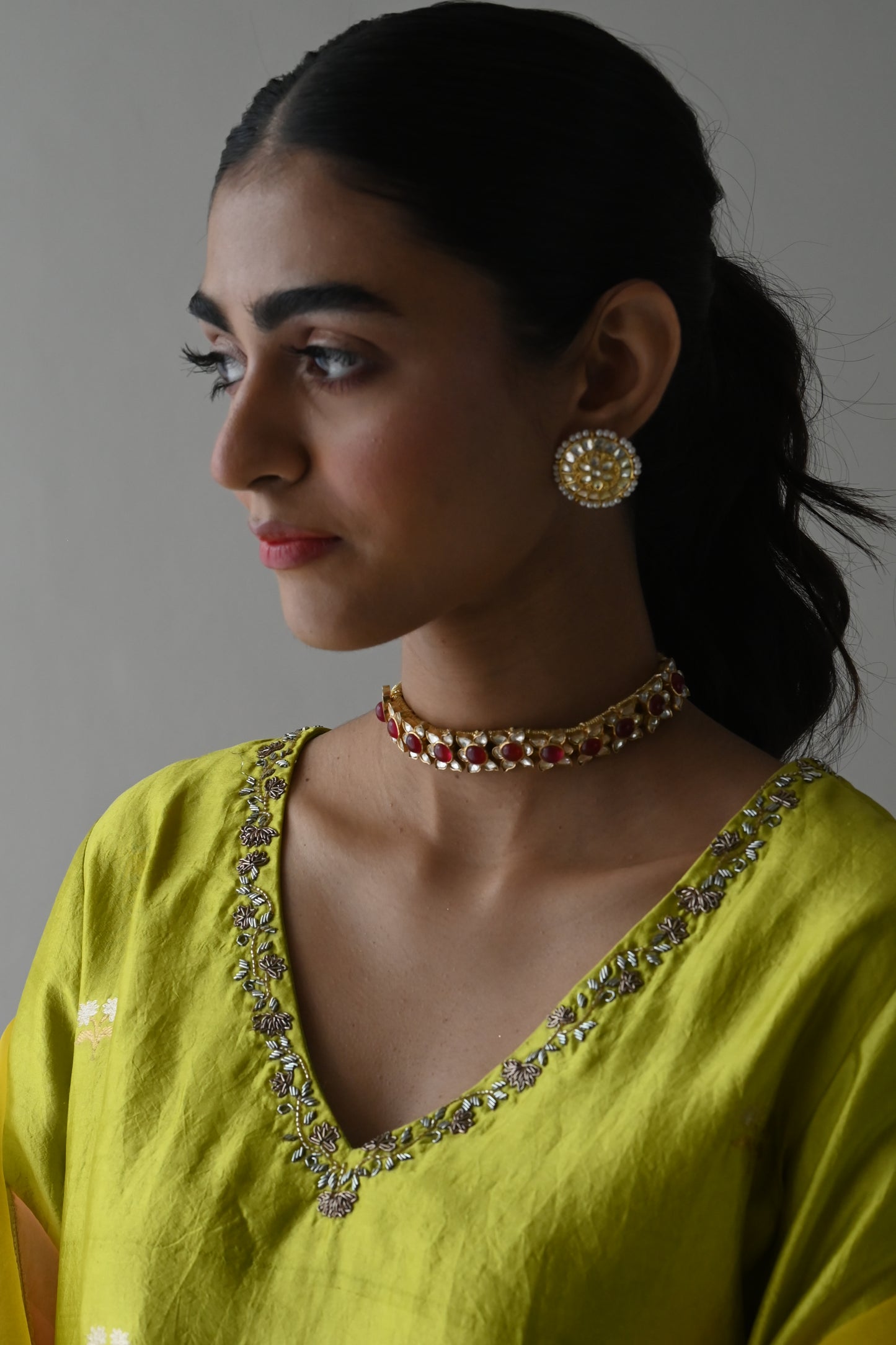 Anu Kurta in Neon Green Brocade with Hot Pink Sharara