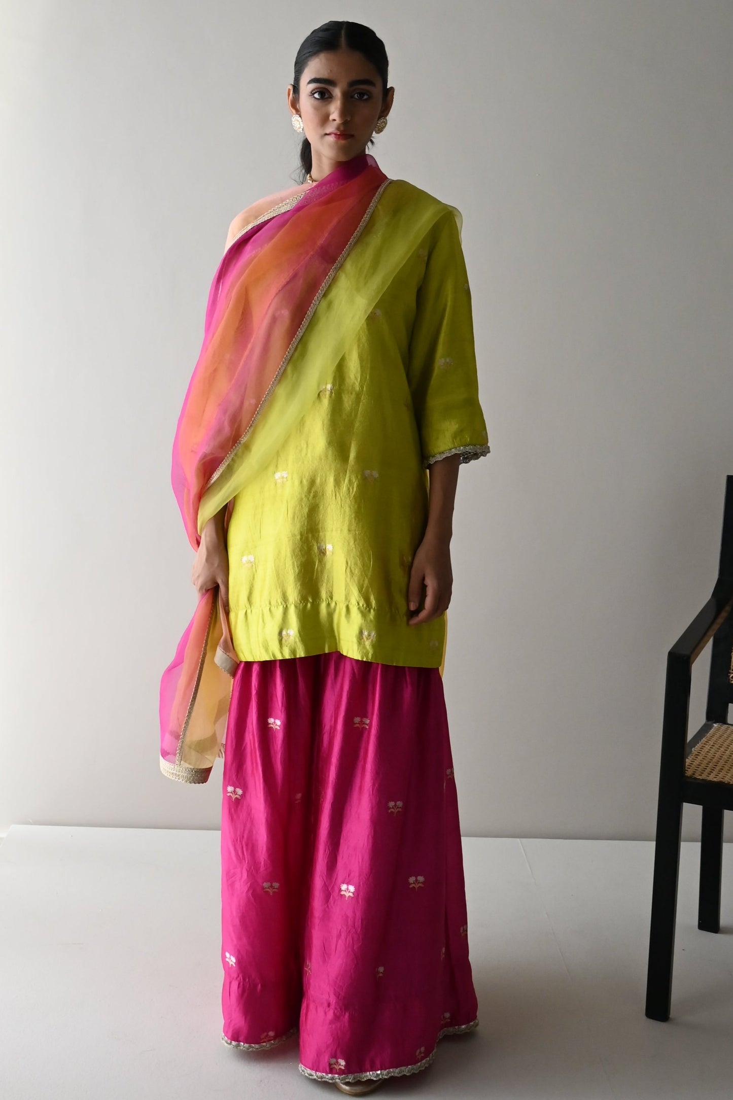 Anu Kurta in Neon Green Brocade with Hot Pink Sharara