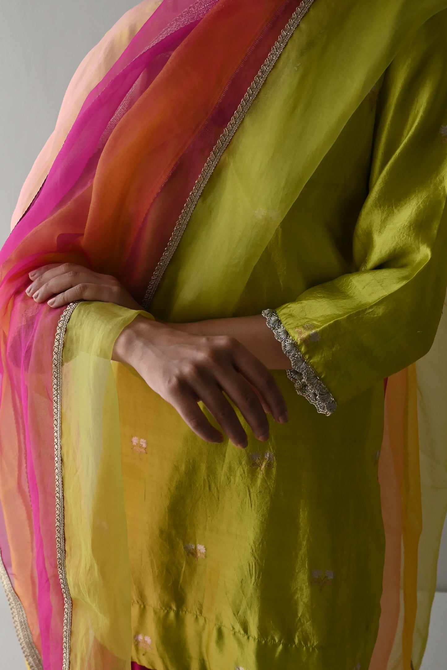 Anu Kurta in Neon Green Brocade with Hot Pink Sharara