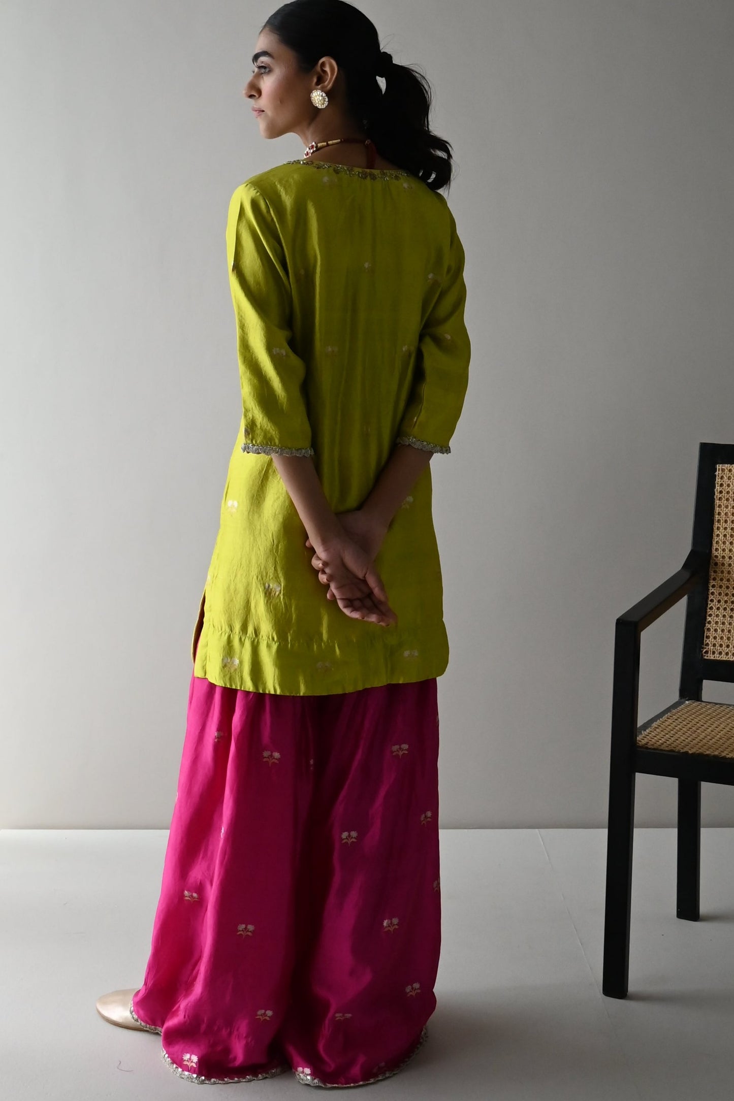 Anu Kurta in Neon Green Brocade with Hot Pink Sharara