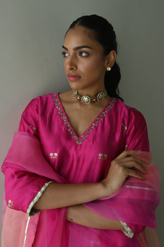 Anu Kurta in Hot Pink Brocade with Neon Green Sharara