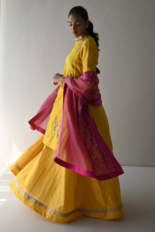 Gulaab lehenga set in Yellow Handloom Tissue