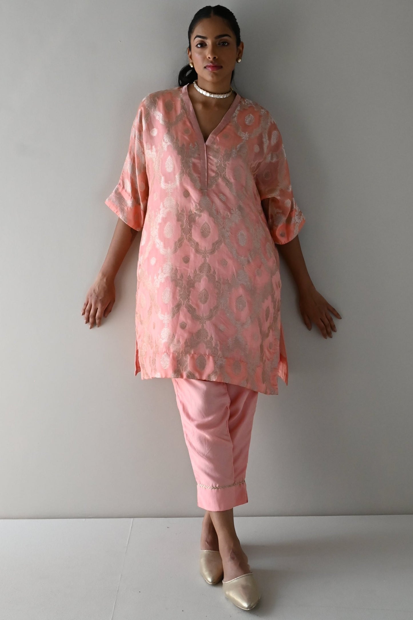 Shahi Kaftan in Rose Pink Brocade with Rose Pink Pant