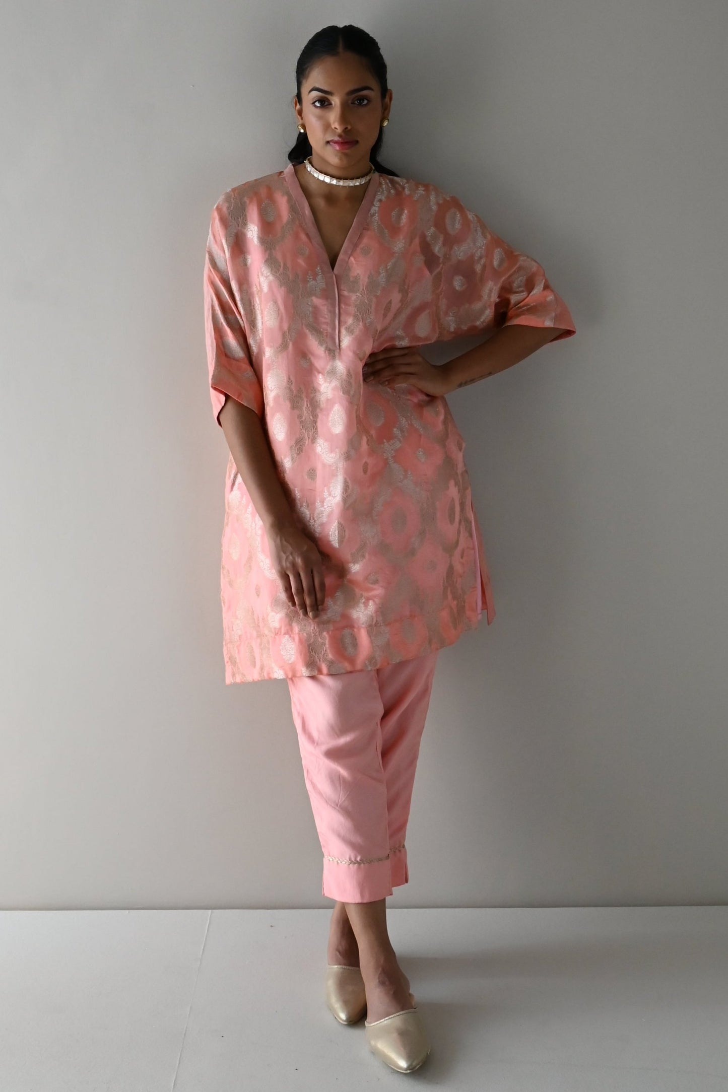 Shahi Kaftan in Rose Pink Brocade with Rose Pink Pant