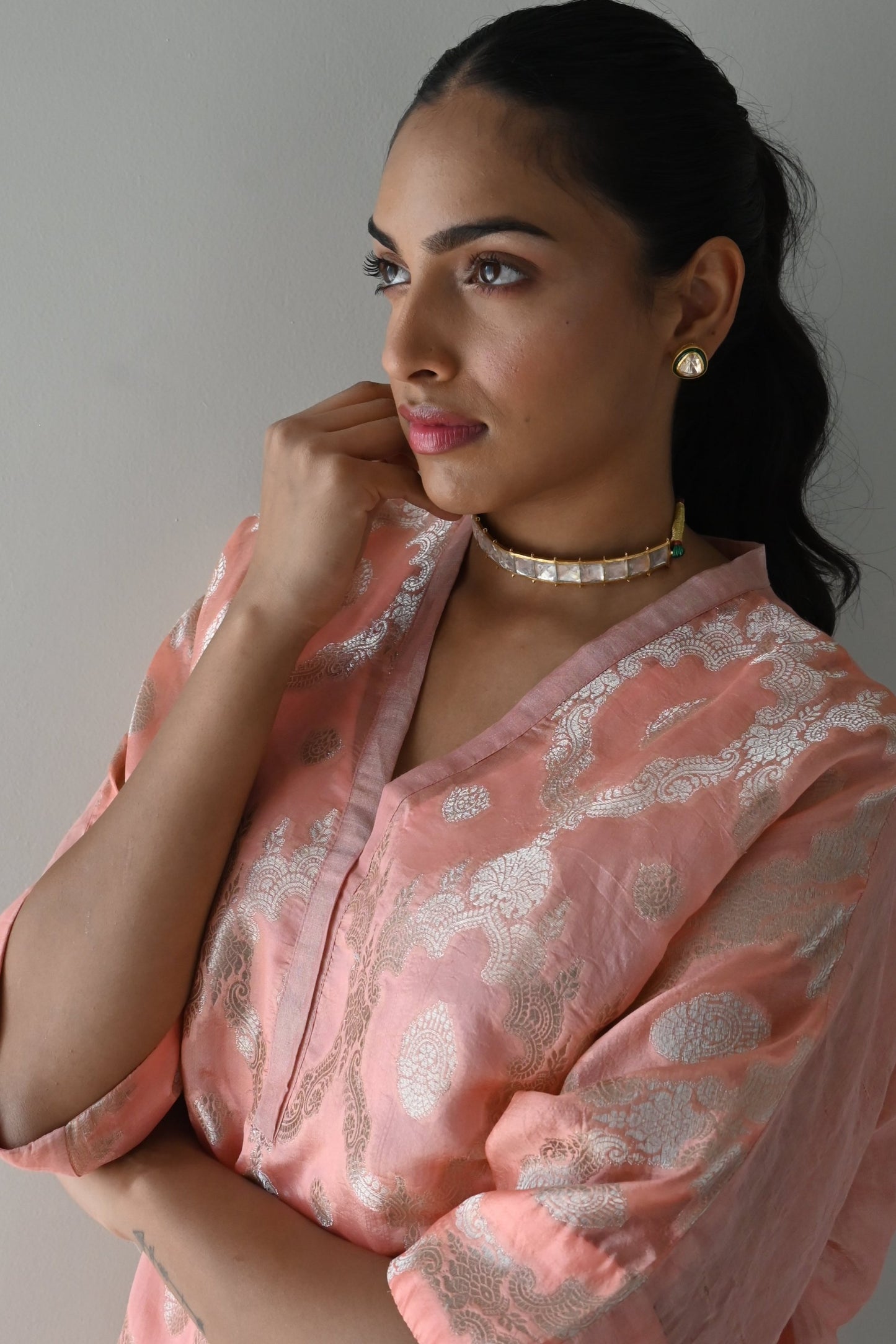 Shahi Kaftan in Rose Pink Brocade with Rose Pink Pant